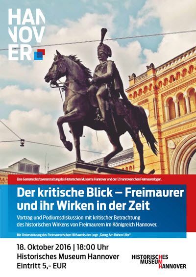 Plakat zur Podiumsdiskussion in Hannover über Freimaurer und ihr Wirken in der Zeit